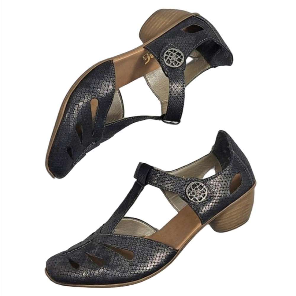 Rieker Antistress Mirjam Pewter Snake Faux Leather T-Strap Closed Toe Sandal